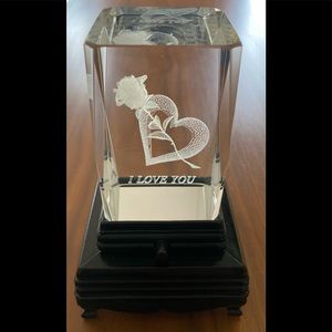 A Heart with a Rose 3D laser etched crystal block with “I Love You” inscription.